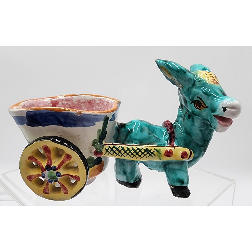 Vintage Italian Majolica Ceramic Donkey Cart Planter Turquoise Hand Painted Sign
